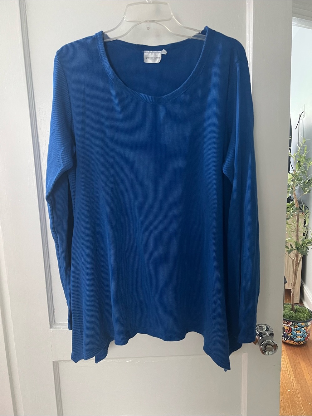 Blue Long-Sleeve Waffle Knit Women's Top